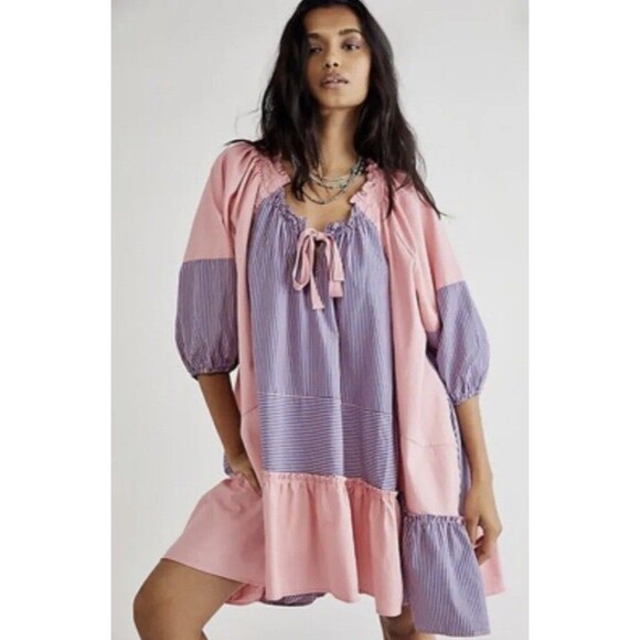 Free People Dresses & Skirts - Free People Keegan Oversize Tunic Dress Mix Stripe Pink Blue Swing Ruffle Size S